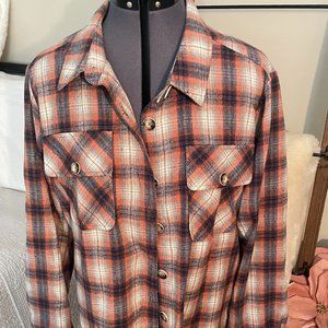 Democracy plaid shirt “shacket ” size medium button up front pockets frayed hem
